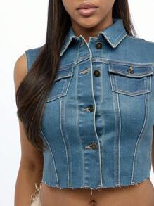 SUMWON WOMEN Rompi Denim Pendek Tanpa Lengan dengan Detail Robek di Bagian Bawah, Kancing Depan, Gaya Western Trucker, Pakaian Modis untuk Festival Musim Panas - Biru - View 7