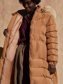 Bóhologie Palton de iarnă căptușit cu buzunar lung și curea pentru femei din blană artificială - Bej - Vizualizare 6