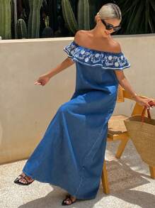 Livesso Váy hè hở vai thêu hoa giản dị cho nữ đi nghỉ mát - Màu xanh lam - Xem 4