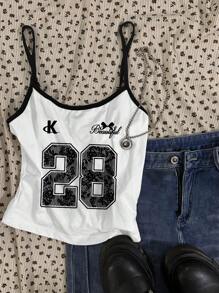 SHEIN EZwear 女式仿蕾丝 28 印花吊带背心，休闲性感黑白拼接紧身吊带背心，适合运动、春假、度假、音乐节 - 白色 - 查看 3