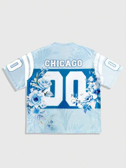 Street Life Preppy Men's Casual Floral & Number Print V-Neck Short Sleeve Jersey Top