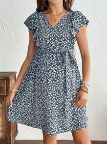 SHEIN 孕妇及哺乳期妇女休闲度假花卉印花太阳裙 - 藏蓝色 - 查看 4