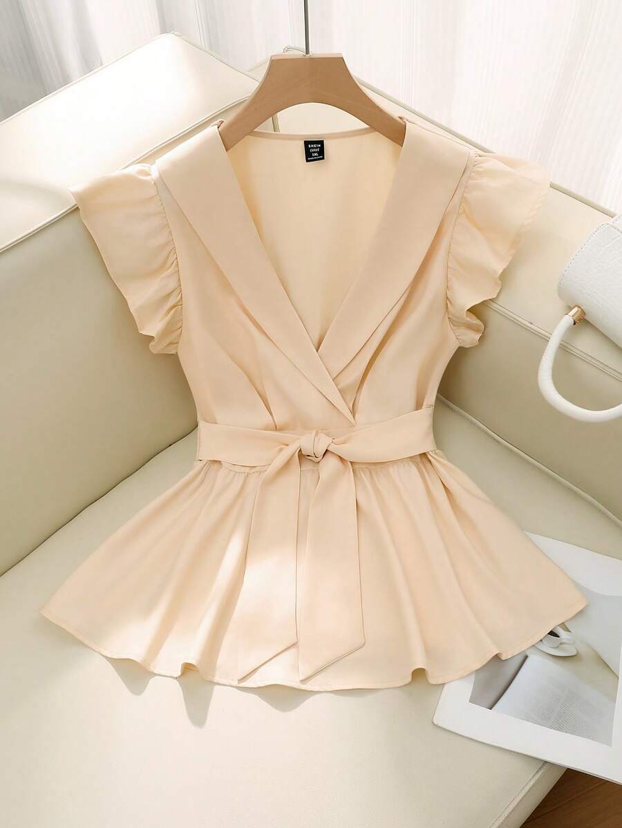 Flirla Áo cánh buộc nơ bèo nhún màu trơn thanh lịch cỡ lớn, dành cho nữ, mùa xuân và mùa hè - Màu vàng - Xem 1