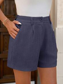 SHEIN Clasi Women's Solid Color Pleated Pocketed Bamboo Joint Elegant Linen Shorts - Dusty Blue - View 3