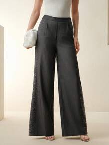 Anewsta Women's New Style Wide-Leg Grey Rhinestone Embellished Pants, Straight Cut - Grey - View 6