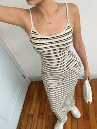 SHEIN Teenager Mädchen Lässig Einfach Bequemes gestreiftes Camisole Maxi enges Kleid