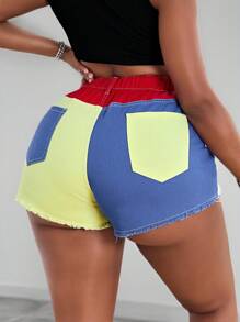 Slaydiva Plus Size Women Cowgirl Colorblock Elastic Waist Denim Shorts, Fashionable Summer For Women Festival Color Block Design Mini Shorts Casual - Multicolor - View 1