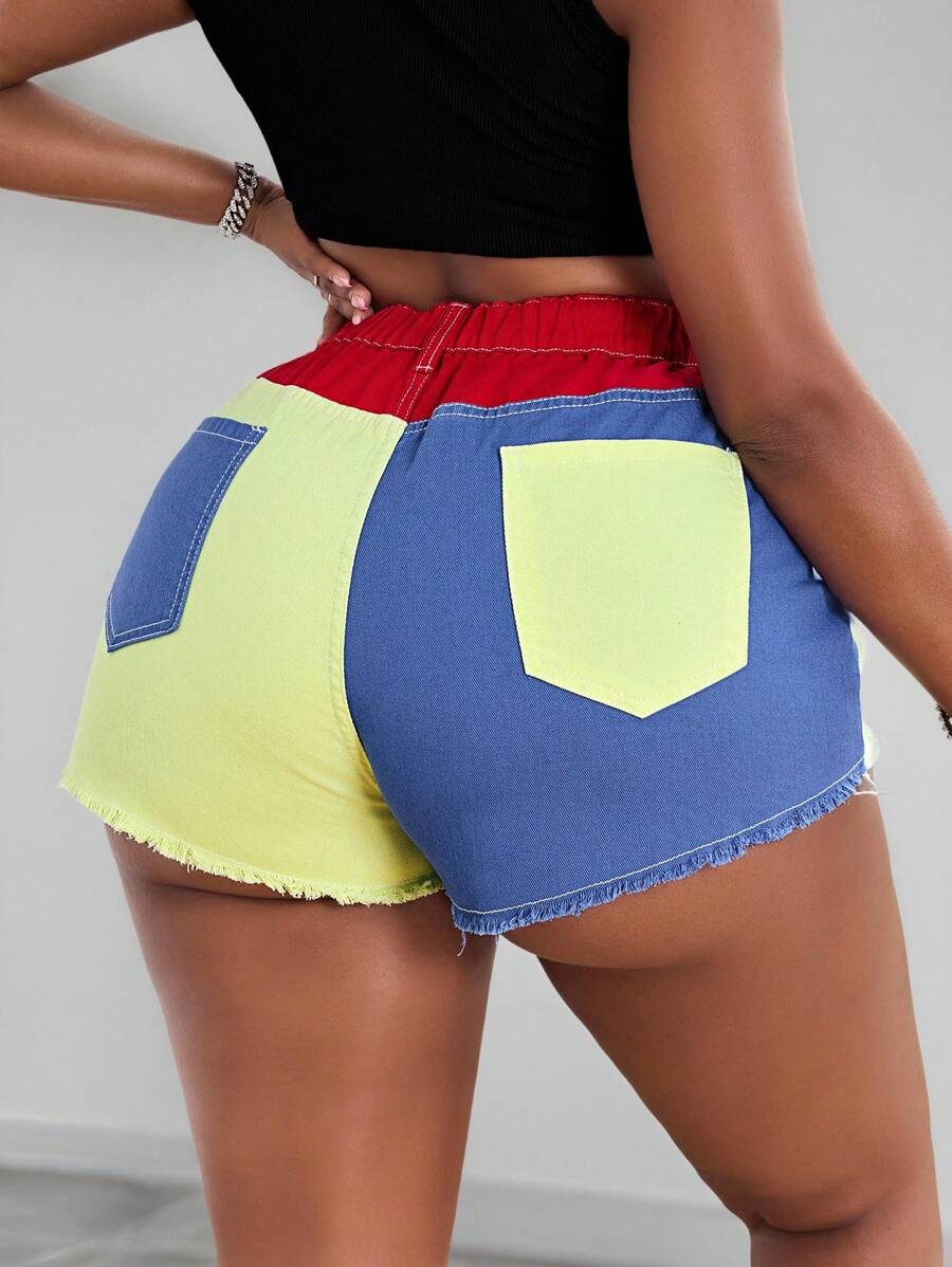 Slaydiva Plus Size Women Cowgirl Colorblock Elastic Waist Denim Shorts, Fashionable Summer For Women Festival Color Block Design Mini Shorts Casual - Multicolor - View 1