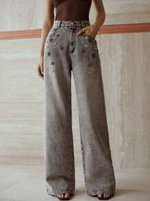 MOTF PREMIUM Jeans con bolsillos en sesgado con detalles de strass - Gris Oscuro - Ver 3