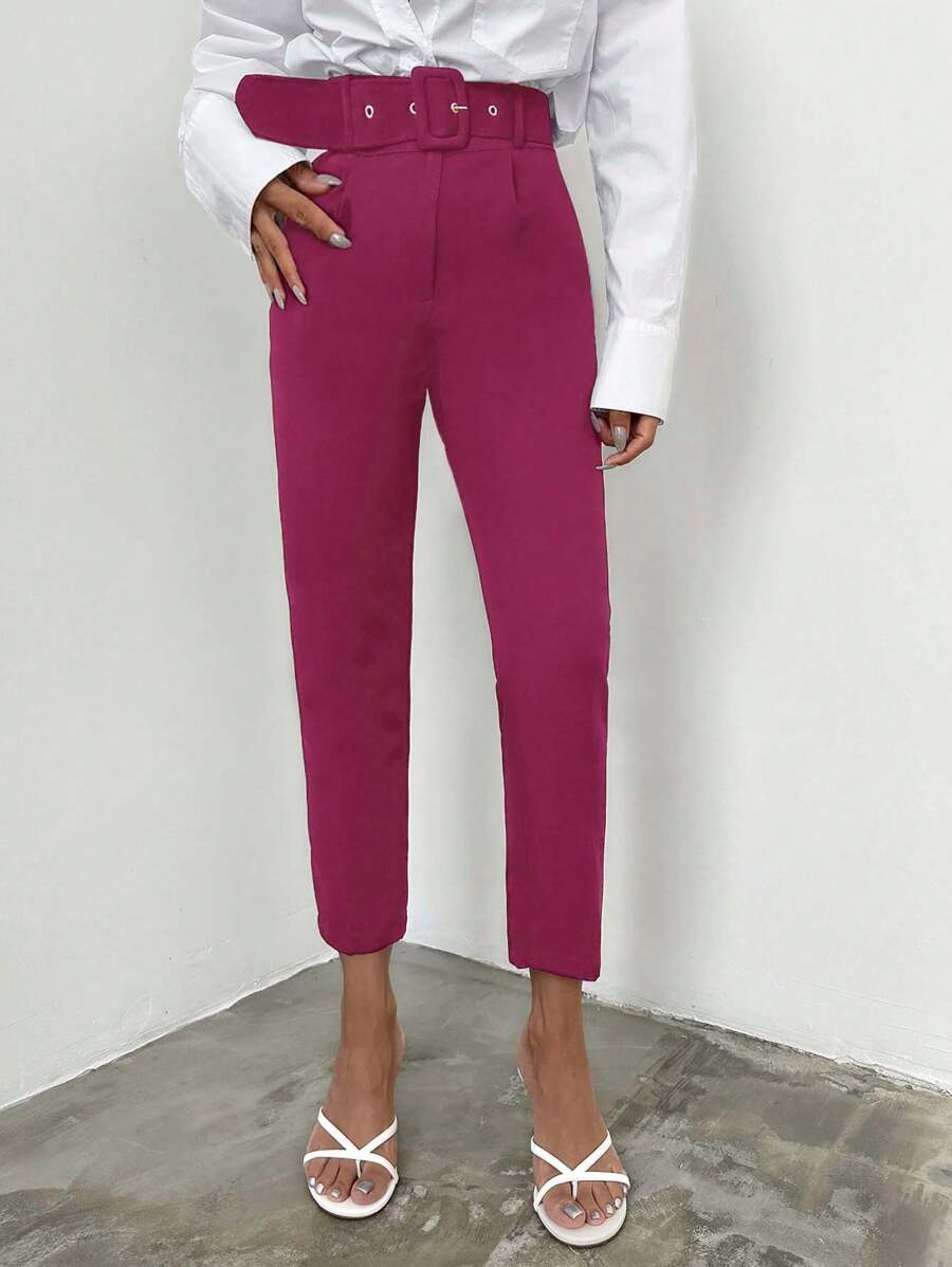 SHEIN Cottnline 女款純色錐形九分西裝褲 - 紫色 - 查看 1