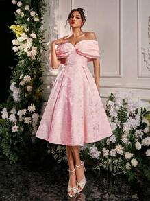 SHEIN Belle 优雅奢华粉色露肩褶皱超大连衣裙，适合约会、婚礼 - 淺粉色 - 查看 5