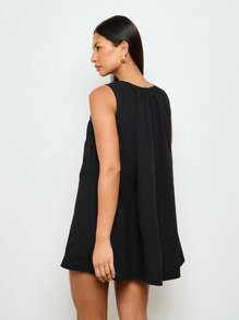 AiiRZ 迷你连衣裙 A 字形宽松秋千夏季太阳裙无袖圆领褶皱飘逸娃娃裙婚礼宾客度假派对