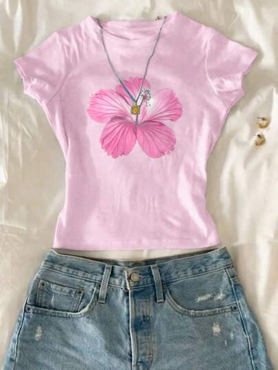 Tween Girls blommigt tryckt rund halsringad t-shirt med kort ärm, sommar