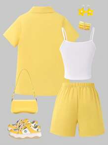 Tween Girls3pcs Set: 3D Floral Short Sleeve Shirt + Solid Color Camisole + Shorts, Casual Summer Outfit