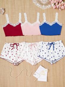 CottageSlumber 3件套浪漫印花撞色蕾丝女士吊带背心和短裤睡衣套装 - 彩色 - 查看 5