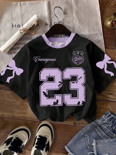 SHEIN Leap Crew Áo thun dệt kim đơn giản cỡ lớn cho bé gái tuổi teen, phù hợp cho mùa hè