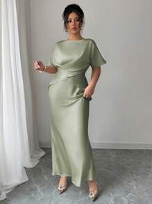 Elenzga 大码女式春夏法式优雅奢华办公室、约会、通勤休闲度假下午茶 V 领交叉腰鱼尾下摆假两件肩袖长裙，缎面材质，正式