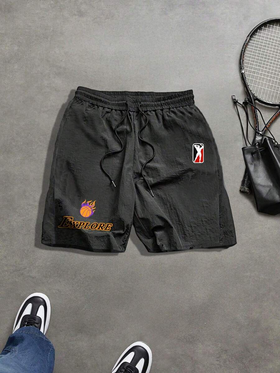 Manfinity Sport Corelite Men's Letter & Graphic Print Drawstring Waist Summer Sports Shorts
