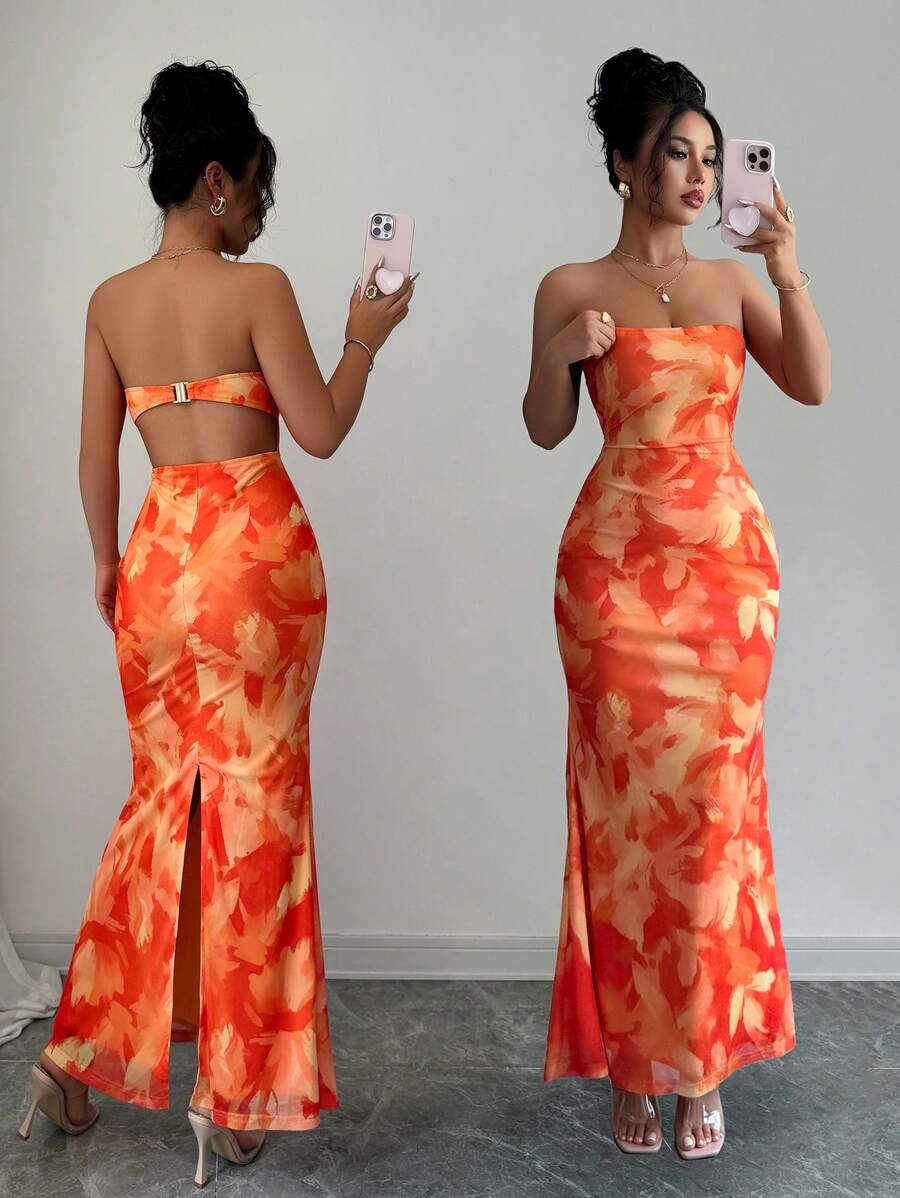 Elenzga Váy nghỉ mát mùa hè cho nữ, váy maxi dài chấm đất, hở lưng, in hoa dệt kim, khoét eo - trái cam - Xem 1