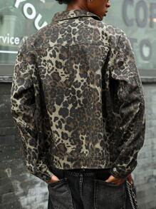 Manfinity EMRG Men Long Sleeve Leopard Print Zip Front Denim Jacket, Fall - Multicolor - View 4