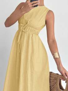 Siren Gaze Woman's Sleeveless A-Line Long Linen Dress, Spring/Summer New Year Casual - Yellow - View 6