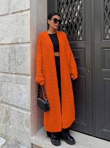 SHEIN Cottnline Cable Knit Drop Shoulder Duster Cardigan - Orange - View 3
