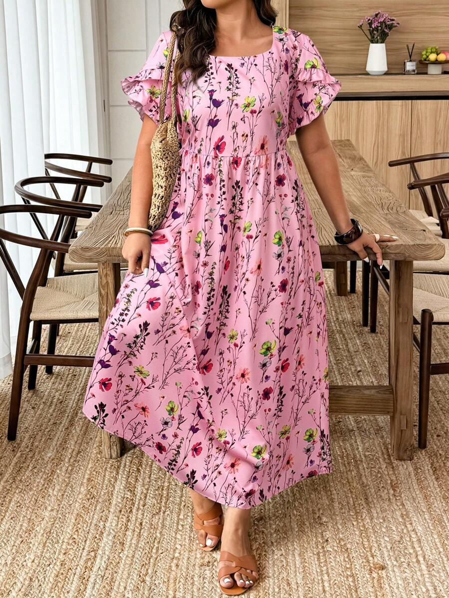 Weeklong 随机印花休闲度假风格数码印花大码短袖连衣裙