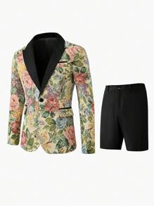 Manfinity AFTRDRK 2pcs/Set Men Floral Print Contrast Color Long Sleeve Jacket & Shorts Casual Suit