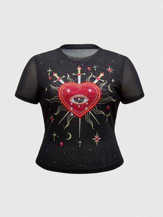 Camiseta corta de cuello redondo de manga corta con estampado gráfico de corazón hippie para mujeres de talla grande
