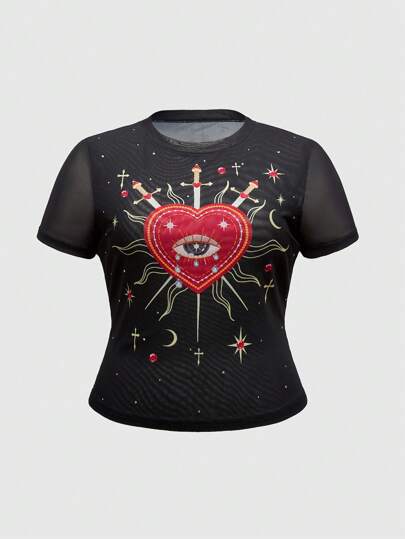 Große Größen Crop Top Tee mit Hippie-Herz Grafik-Muster für Rundhalsausschnitt und Kurzarm, für Damen