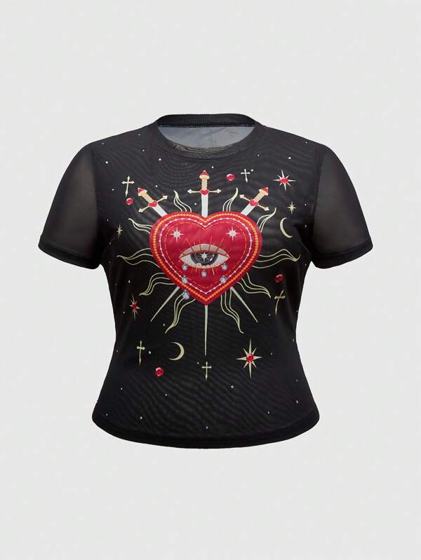 ROMWE Hippie Hippie Heart Graphic Print Crew Neck Short Sleeve Crop Top Tee For Plus Size Women