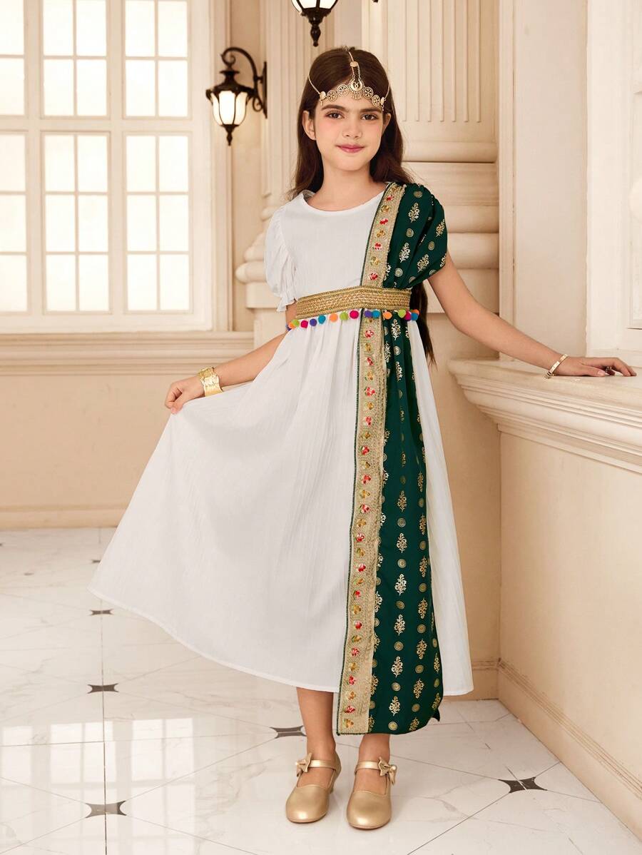 Tween Girls Elegant Color Block Floral Print Puff Sleeve Dress - Green - View 1