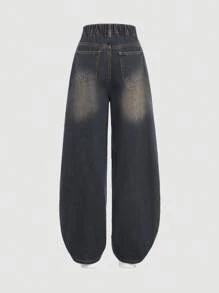 SHEIN 适合少女的复古蓝黄色牛仔阔腿裤 - 深色水洗藍 - 查看 2