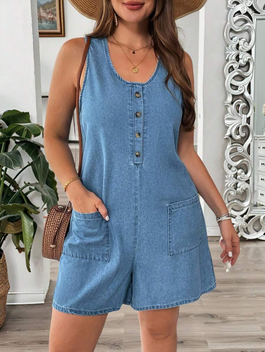 EMERY ROSE Bộ đồ liền thân denim cỡ lớn, thời trang cho mùa hè Bộ đồ liền thân dành cho phụ nữ Bộ đồ liền thân nhỏ nhắn Trang phục đi nghỉ cho phụ nữ - Rửa trung bình - Xem 1
