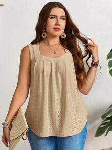SHEIN LUNE Plus Size Women Casual Vacation Embroidered Floral Loose Fit Sleeveless Top - Khaki - View 4