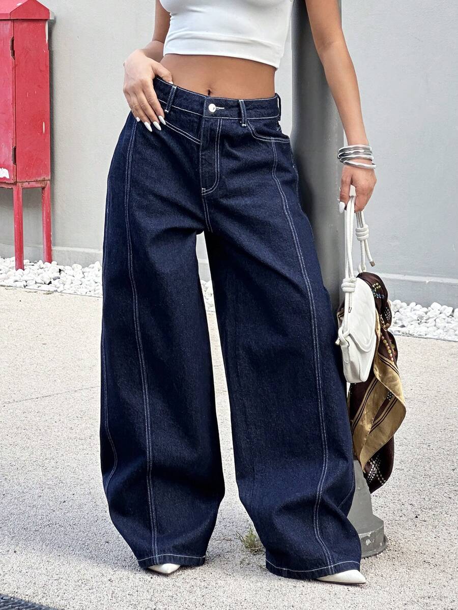 EURMUSE Jean femme taille basse, ample et ample en denim brut - Jean brut - Voir 1