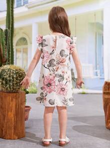 SHEIN Young Girl Floral Print Round Neck Ruffle Cap Sleeve A-Line Woven Dress - White - View 7
