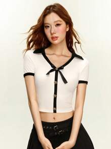 Rina Fox Women's V-Neck Color Block Short Sleeve T-Shirt, Fashionable Summer Top - White - View 4