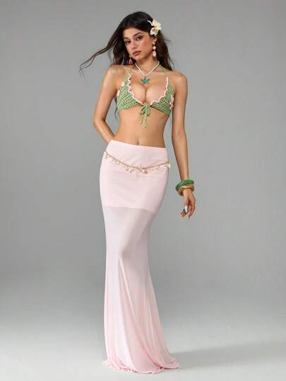 Fairycore ملابس علوية من نسيج محبوك مزينة بزهور وتريمات من الصدف، ملبوسات خارجية