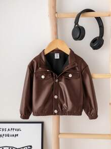 SHEIN 可爱休闲时尚街头皮领棕色夹克，适合男婴和女婴，非常适合秋冬季圣诞派对
