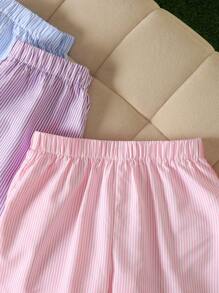 SHEIN 3pcs Tween Girls Casual Street Style Striped Straight Shorts Set, School, Campus, College