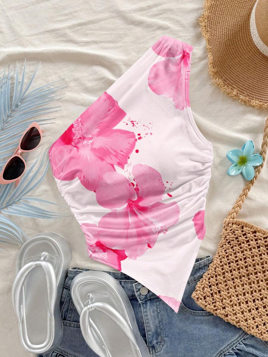 Soleia Blusa para mujer con estampado de flor tropical en rosa vintage efecto tie-dye, estilo casual de vacaciones, sexy, linda, estética Y2K de "chica coco", bohemia, apta para festivales de música, adecuada para el verano - Multicolor - Ver 1