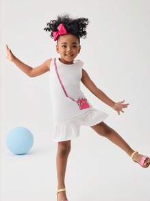 SHEIN Leap Crew 小女童包圖案荷葉邊下擺連衣裙 - 白色 - 查看 2