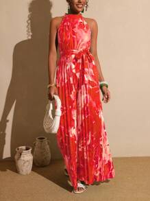 Vesra Woman All-Over Print Pleated Drawstring Jumpsuit, Vacation Pleated Jumpsuit