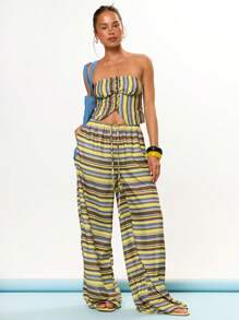 MUSERA Mid Rise Tie Front Striped Wide Leg Trousers Cover Up Beach Swim Summer Vacation Holiday Festival Cute Casual Elegant Tuscan Sun Bathing Suit - Yellow - View 1