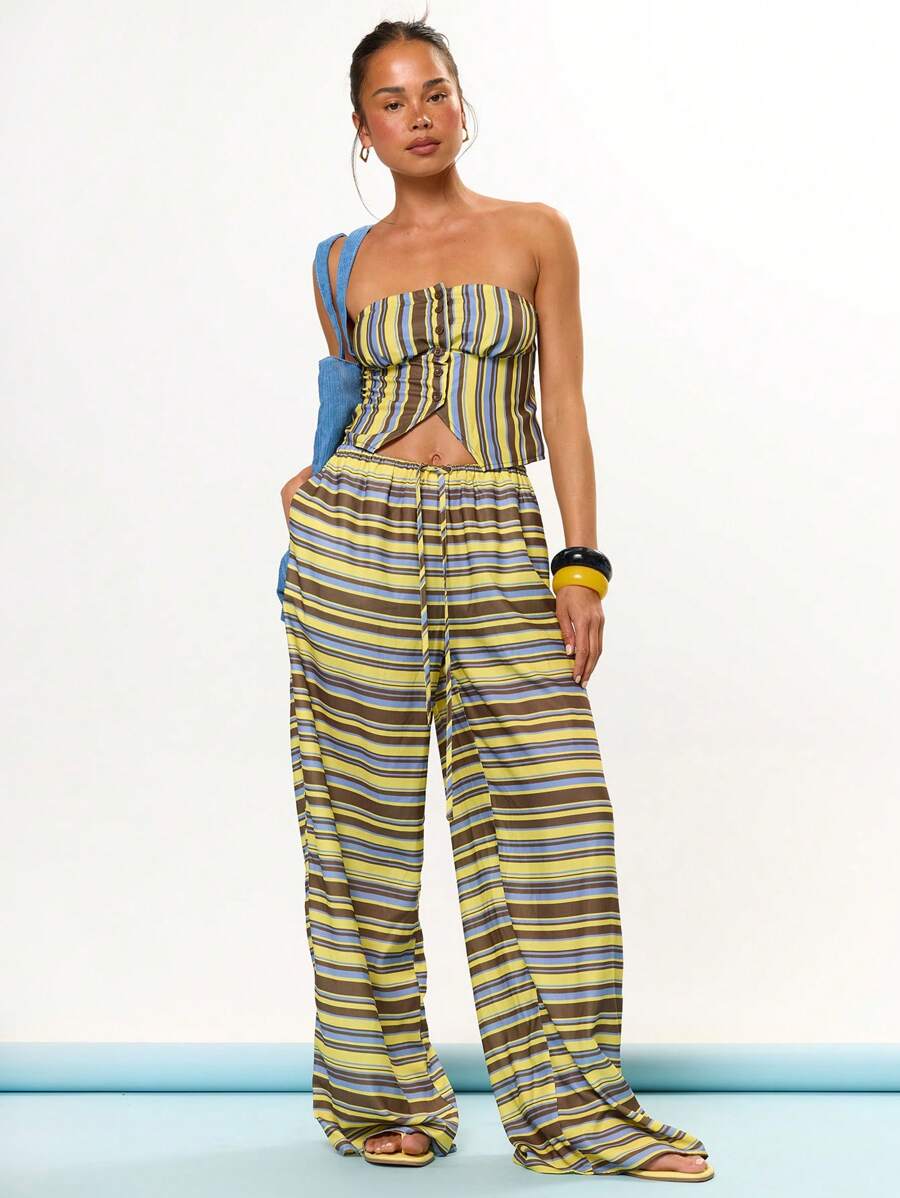 MUSERA Mid Rise Tie Front Striped Wide Leg Trousers Cover Up Beach Swim Summer Vacation Holiday Festival Cute Casual Elegant Tuscan Sun Bathing Suit - Yellow - View 1