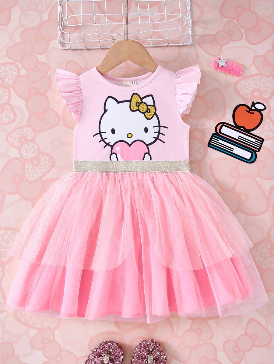 HELLO KITTY AND FRIENDS | SHEIN Young Girl Cartoon & Heart Pattern Pink Mesh Short Sleeve Cute Summer Holiday Princess Dress