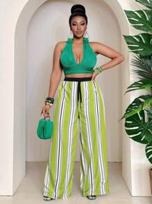 Slaydiva Pantalones largos de mujer de talla grande con estampado a rayas, ideales para festivales de música, fiestas y vacaciones - 2025 Nueva Moda