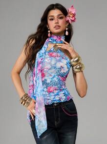 ROMWE J-Fashion Pañuelo de gasa con decoraciones de estampado de leopardo, floral y concha para el cuello, top de tirantes de estilo retro de vacaciones en la playa Y2K Girl Boss