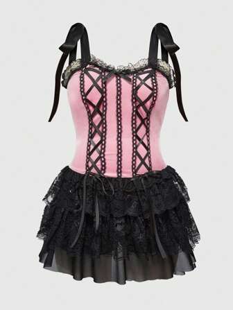 Kawaii Abito in velluto stile gotico retrò con effetto color blocking, bordato in pizzo, con cinturini incrociati, per taglie comode da donna